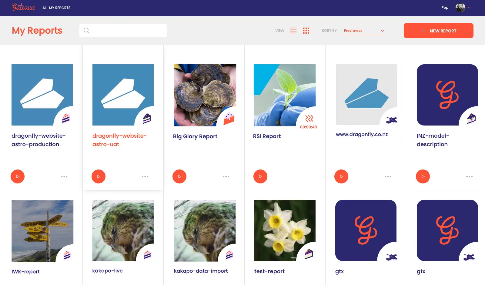 screenshot of all reports, in grid view