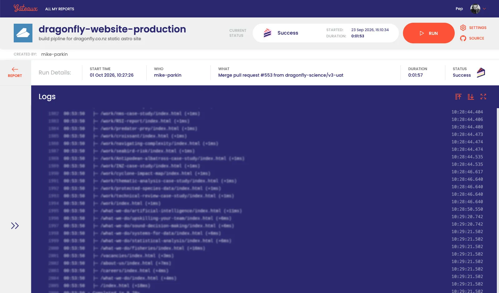 screenshot of the logs screen